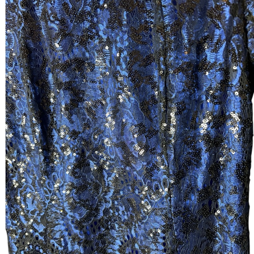 Tahari ASL Blue Black Sequin Embellished Lace Flare Floral Gown Size 6 Formal - Picture 3 of 5